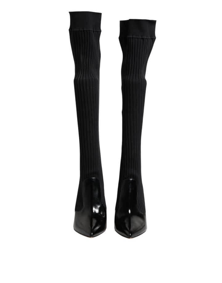Dolce & Gabbana Black Leather Ribbed Knit Knee Boots Shoes