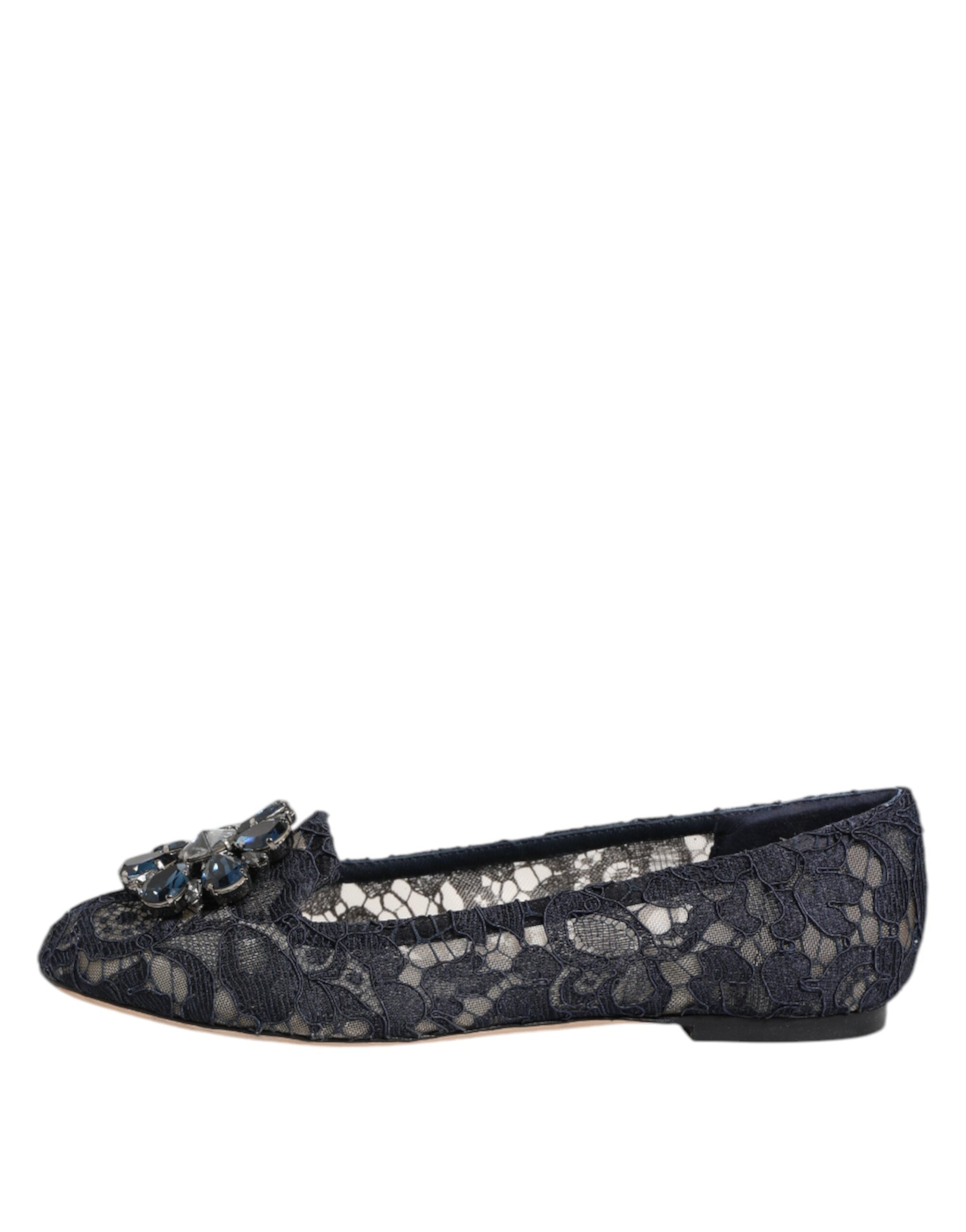 Dolce & Gabbana Blue Taormina Lace Crystals Flats Shoes