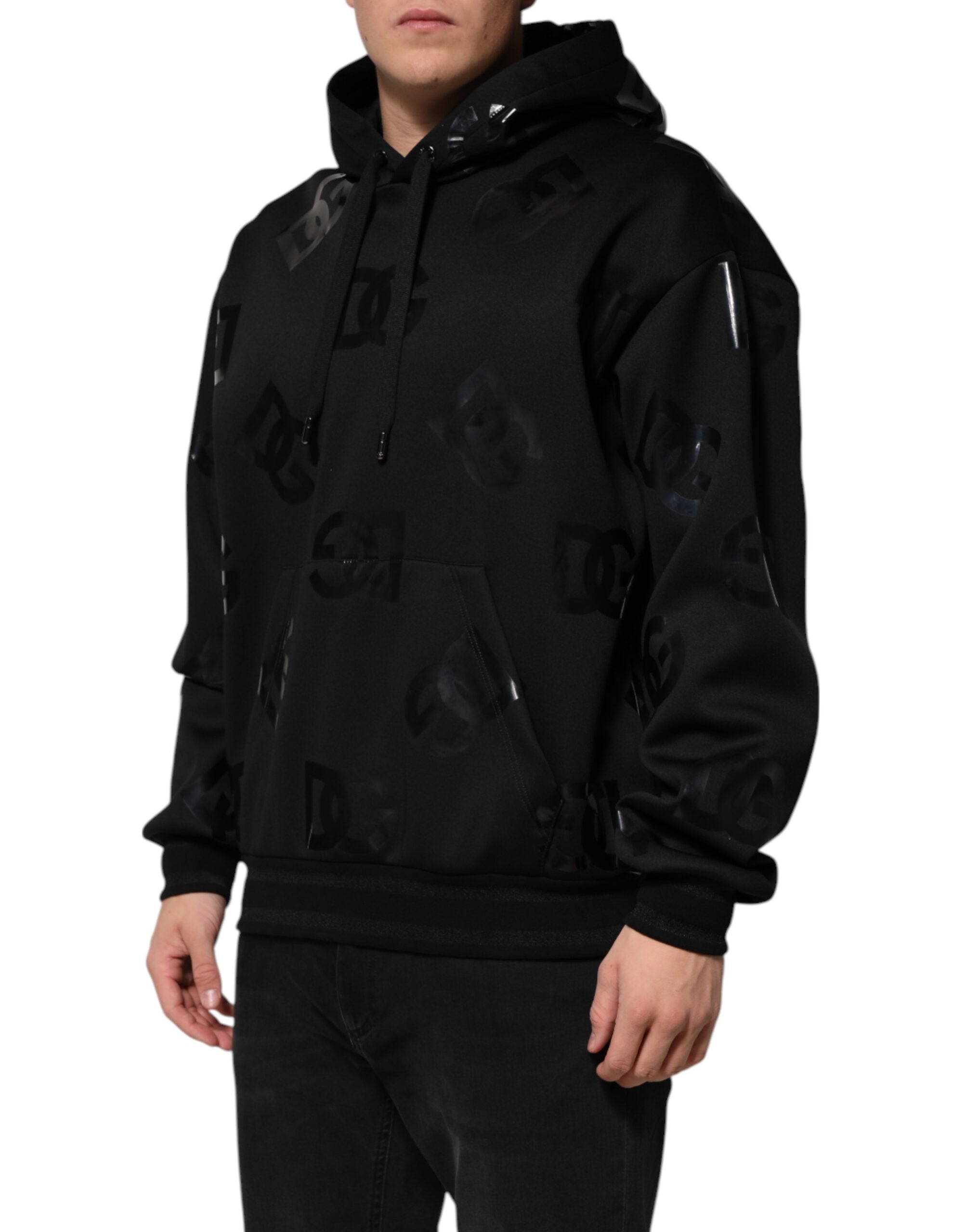 Dolce & Gabbana Black DG Logo Hoodie Metallic Print Sweater