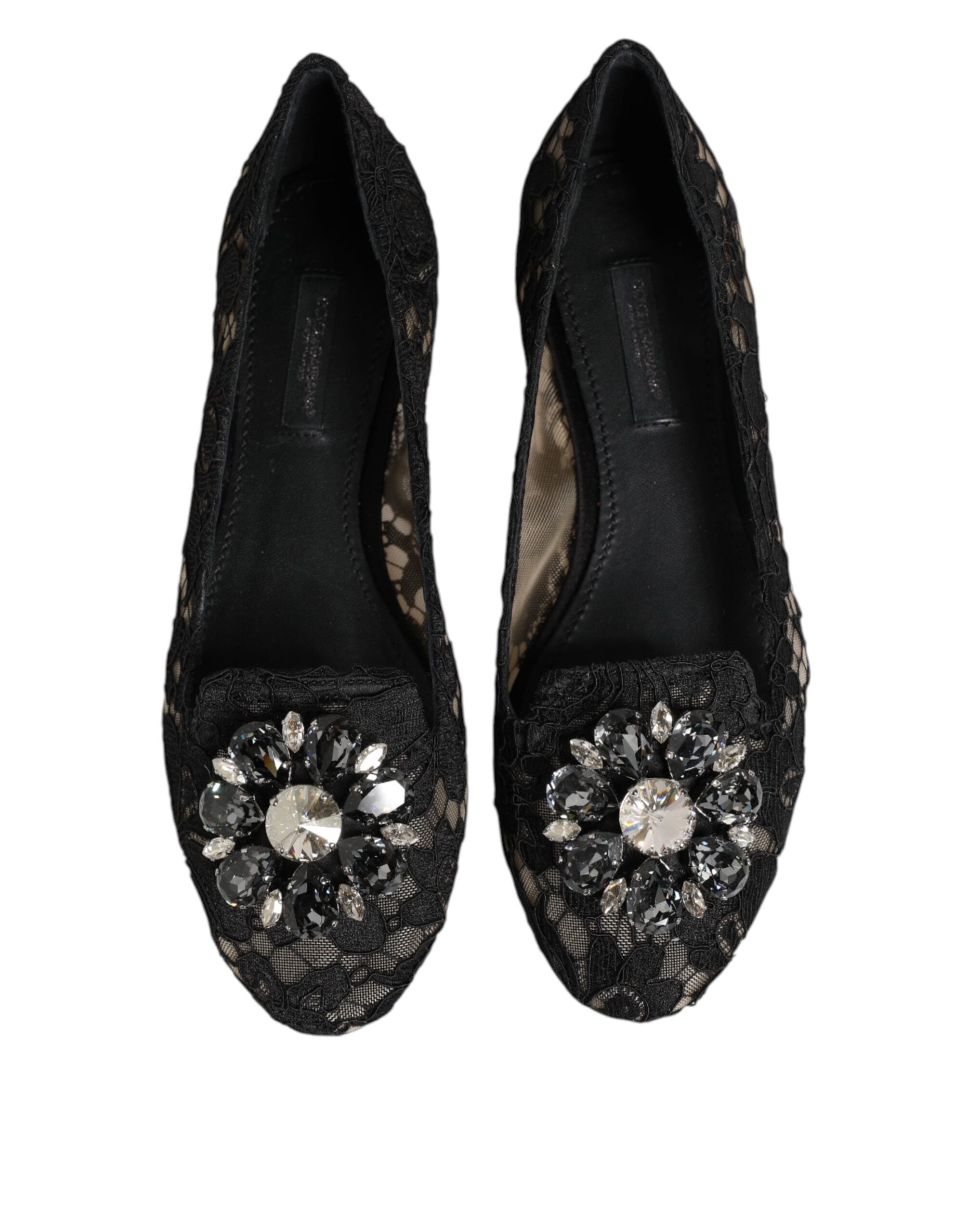 Dolce & Gabbana Black Taormina Lace Crystals Flats Shoes