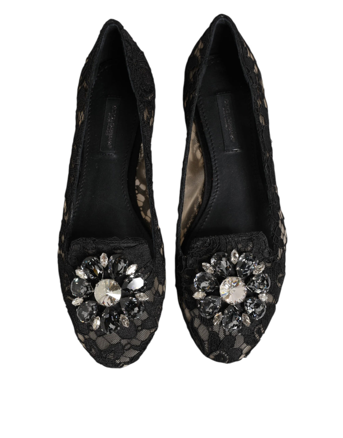 Dolce & Gabbana Black Taormina Lace Crystals Flats Shoes