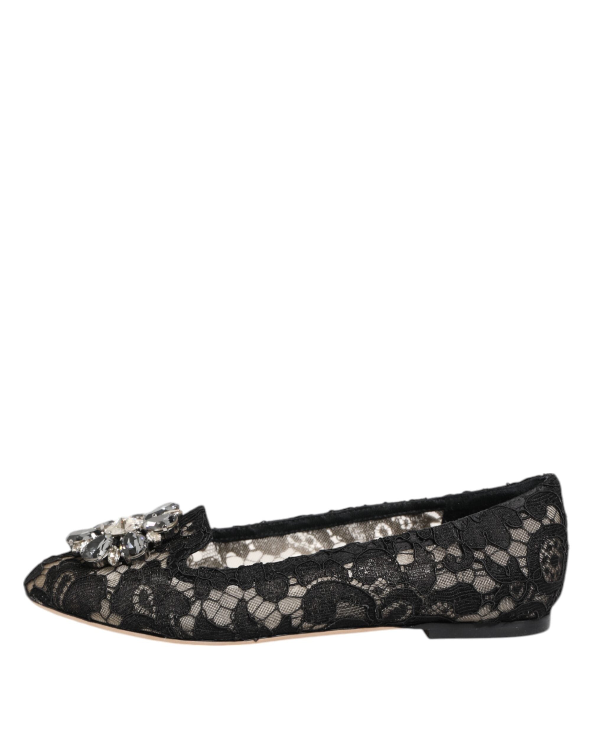 Dolce & Gabbana Black Taormina Lace Crystals Flats Shoes