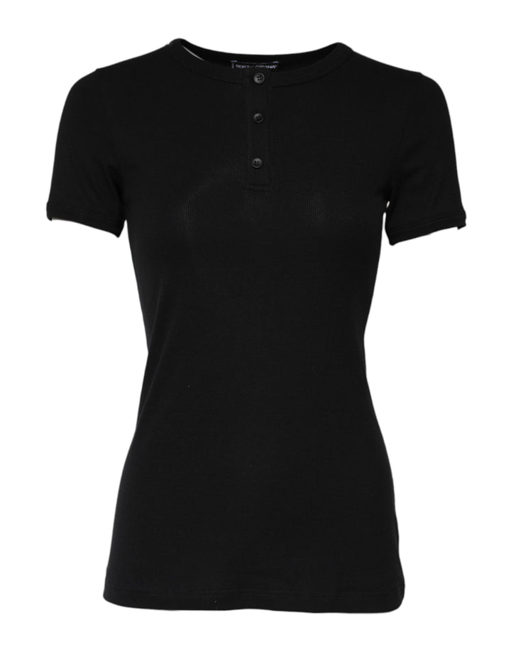 Dolce & Gabbana Black Cotton Henley Short Sleeves Top T-shirt