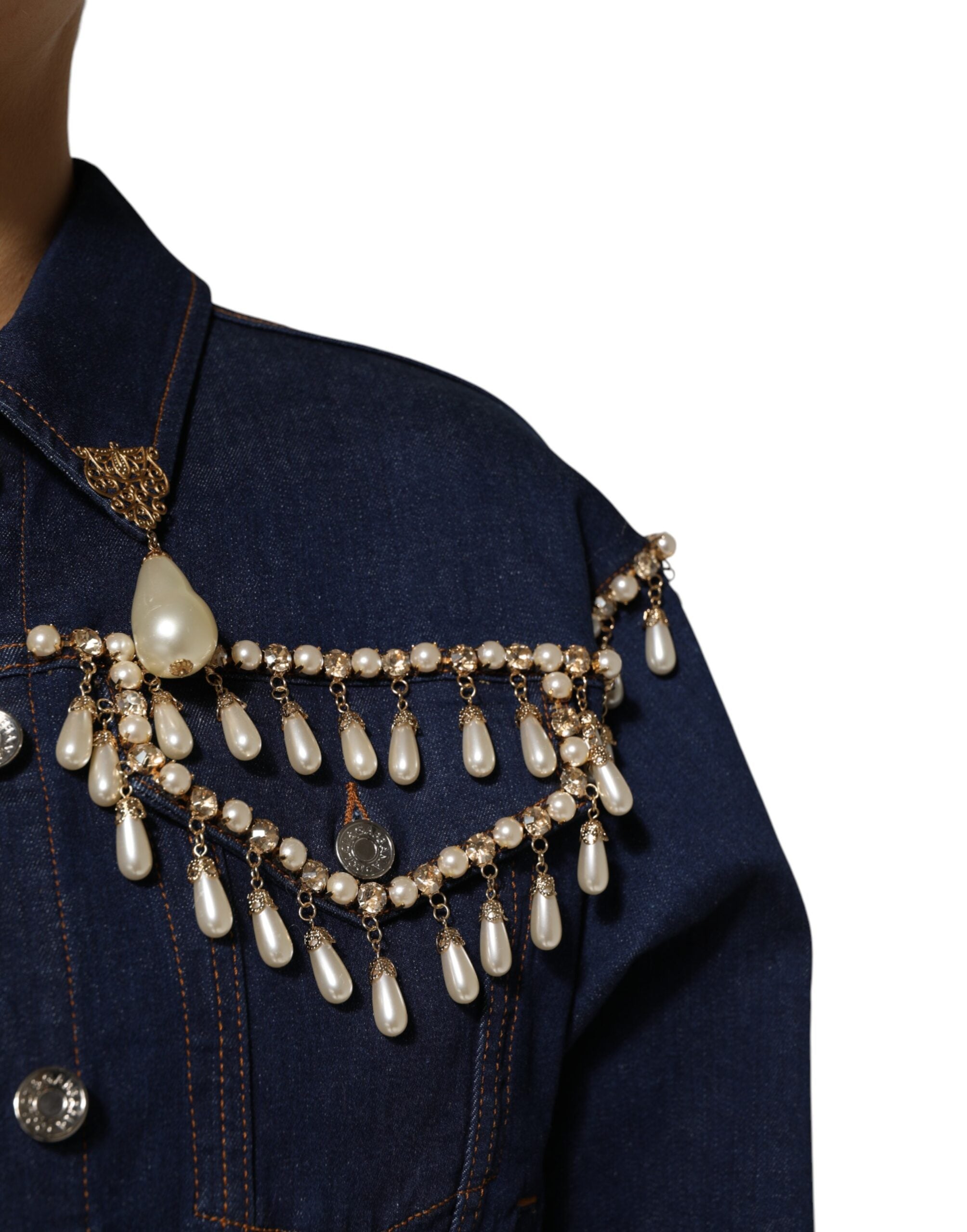Dolce & Gabbana Blue Cotton Denim Crystal Embellished Jacket