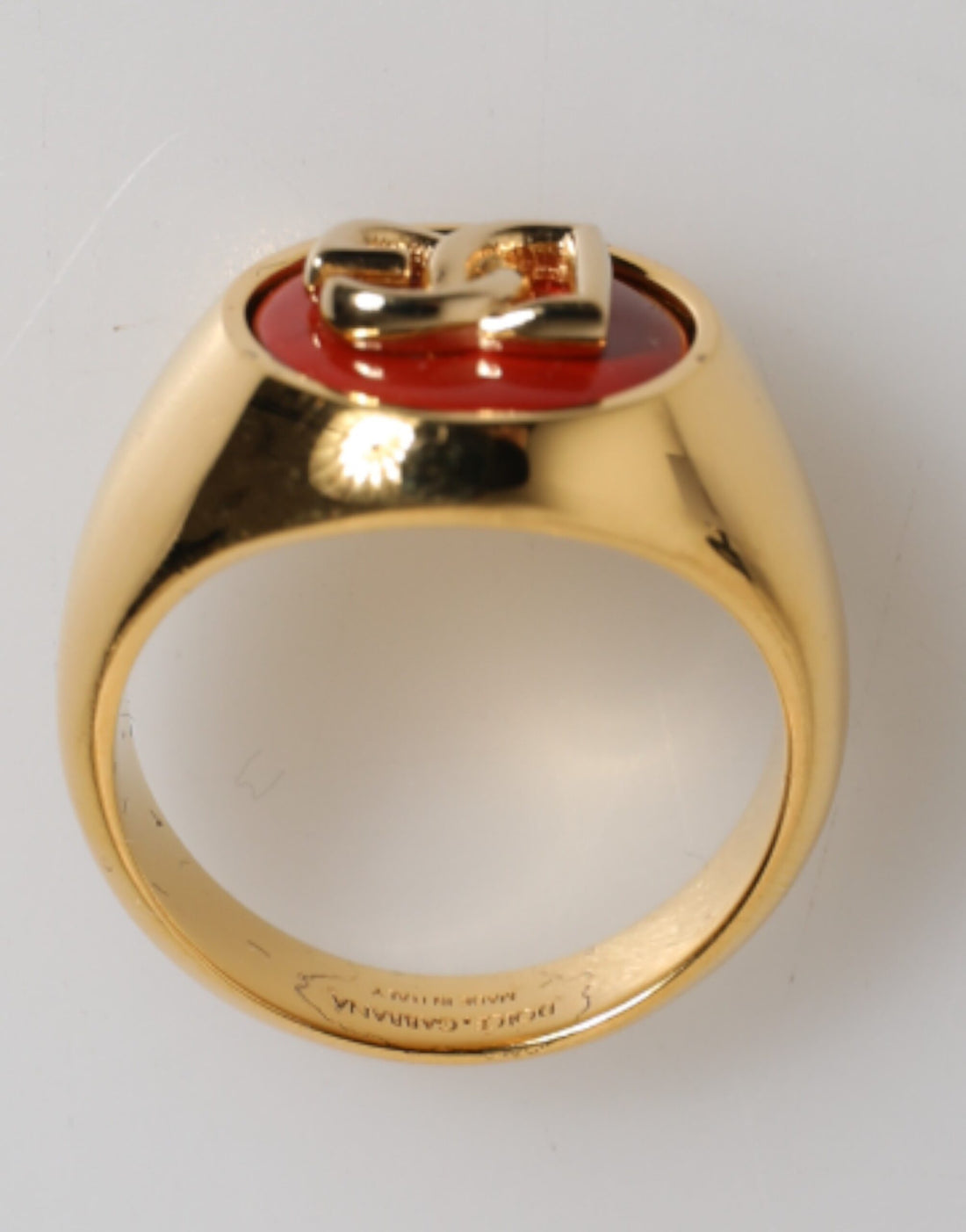 Dolce & Gabbana Gold Tone Real Brass Red DG Logo Men Ring