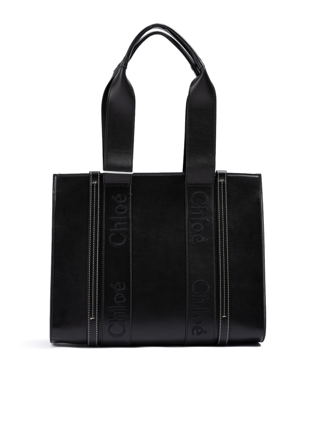 Chloé Black Woody Embroidered Logo Leather Medium Tote Bag