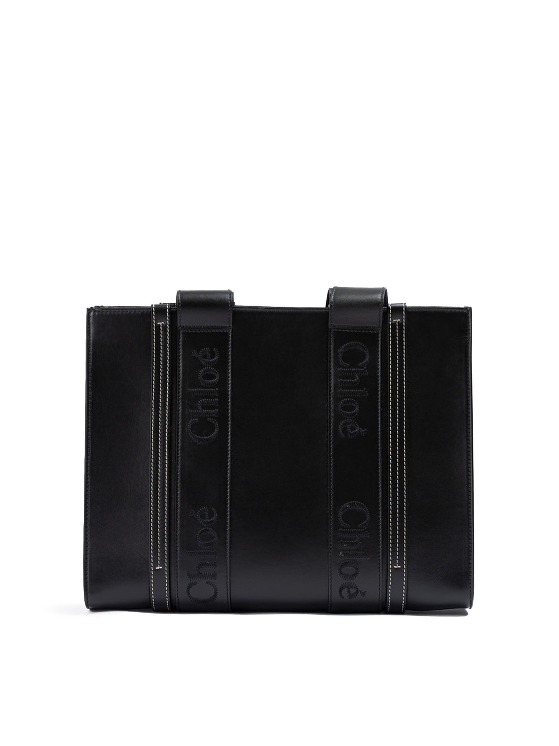 Chloé Black Woody Embroidered Logo Leather Medium Tote Bag