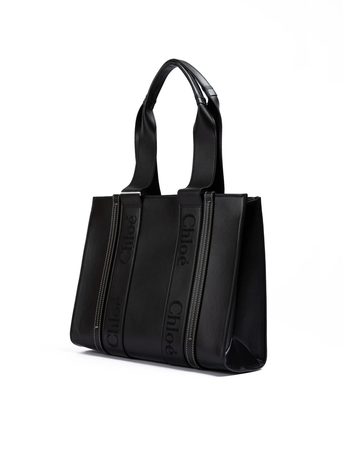 Chloé Black Woody Embroidered Logo Leather Medium Tote Bag