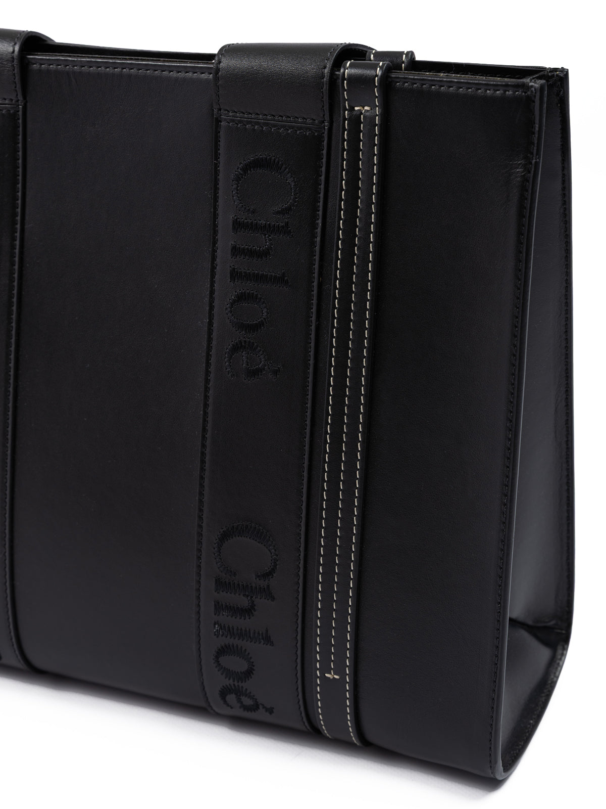 Chloé Black Woody Embroidered Logo Leather Medium Tote Bag