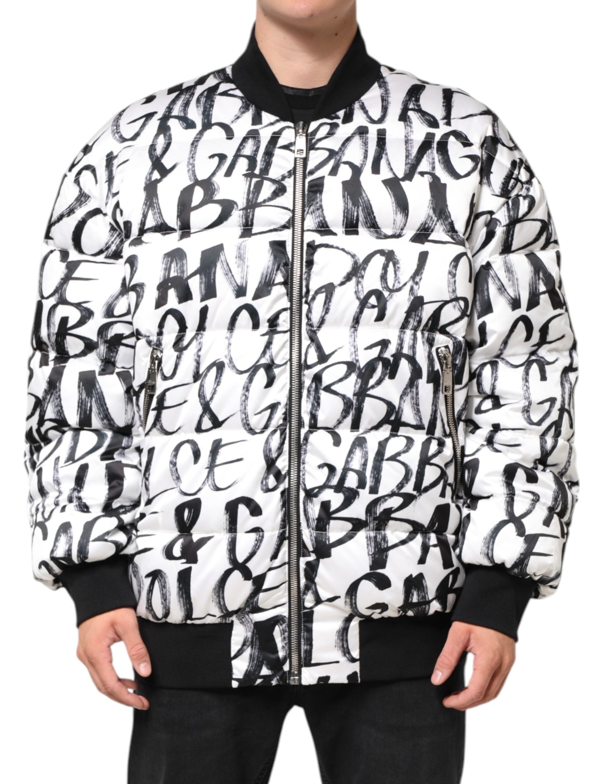 Dolce & Gabbana White Black Graffiti Logo Puffer Bomber Jacket