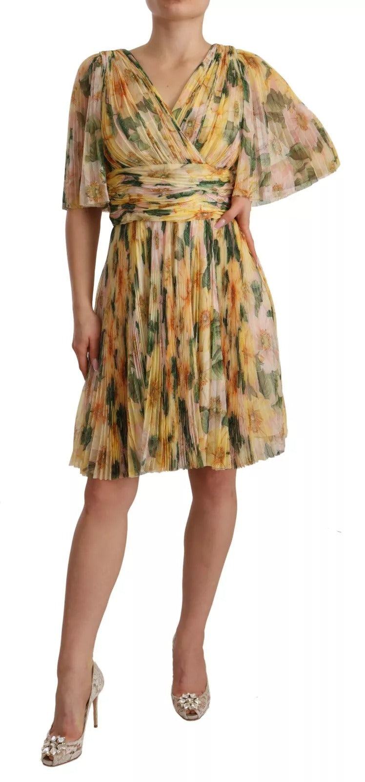 Dolce & Gabbana Yellow Floral Print Pleated Maxi Dress