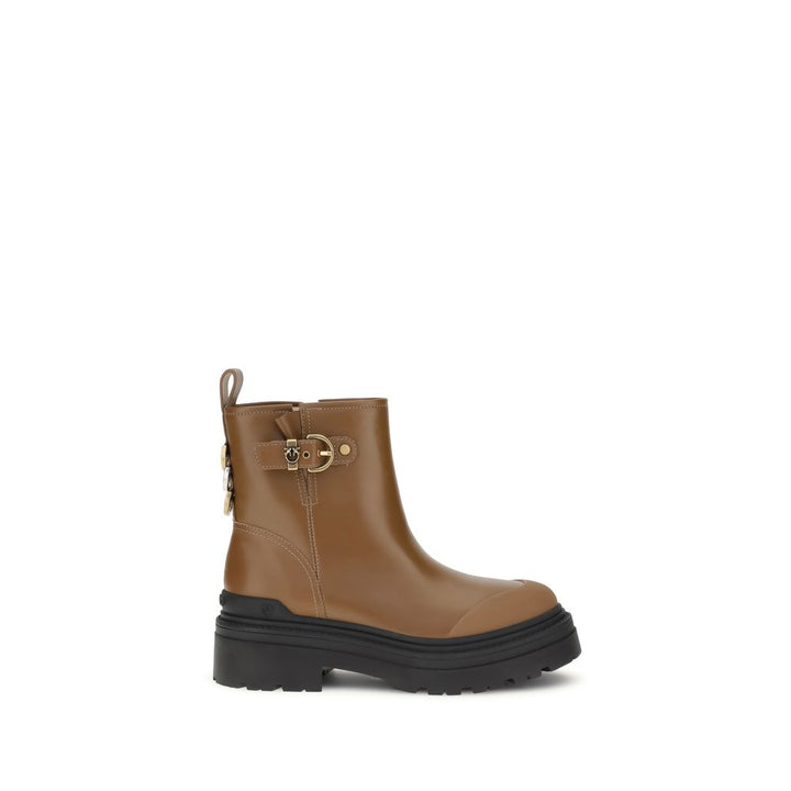 PINKO Beige Calf Leather Bos Taurus Ankle Boots