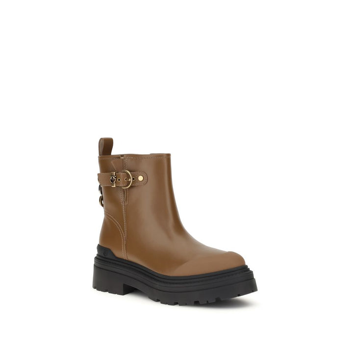 PINKO Beige Calf Leather Bos Taurus Ankle Boots