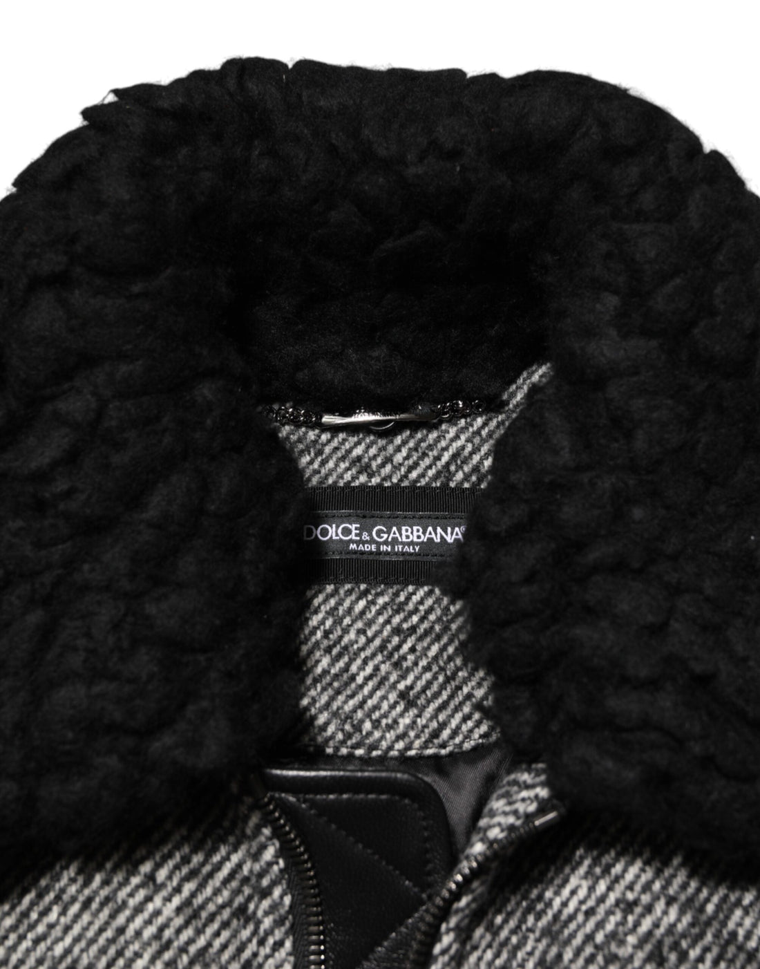 Dolce & Gabbana Gray Wool Herringbone Shearling Collar Bomber Jacket