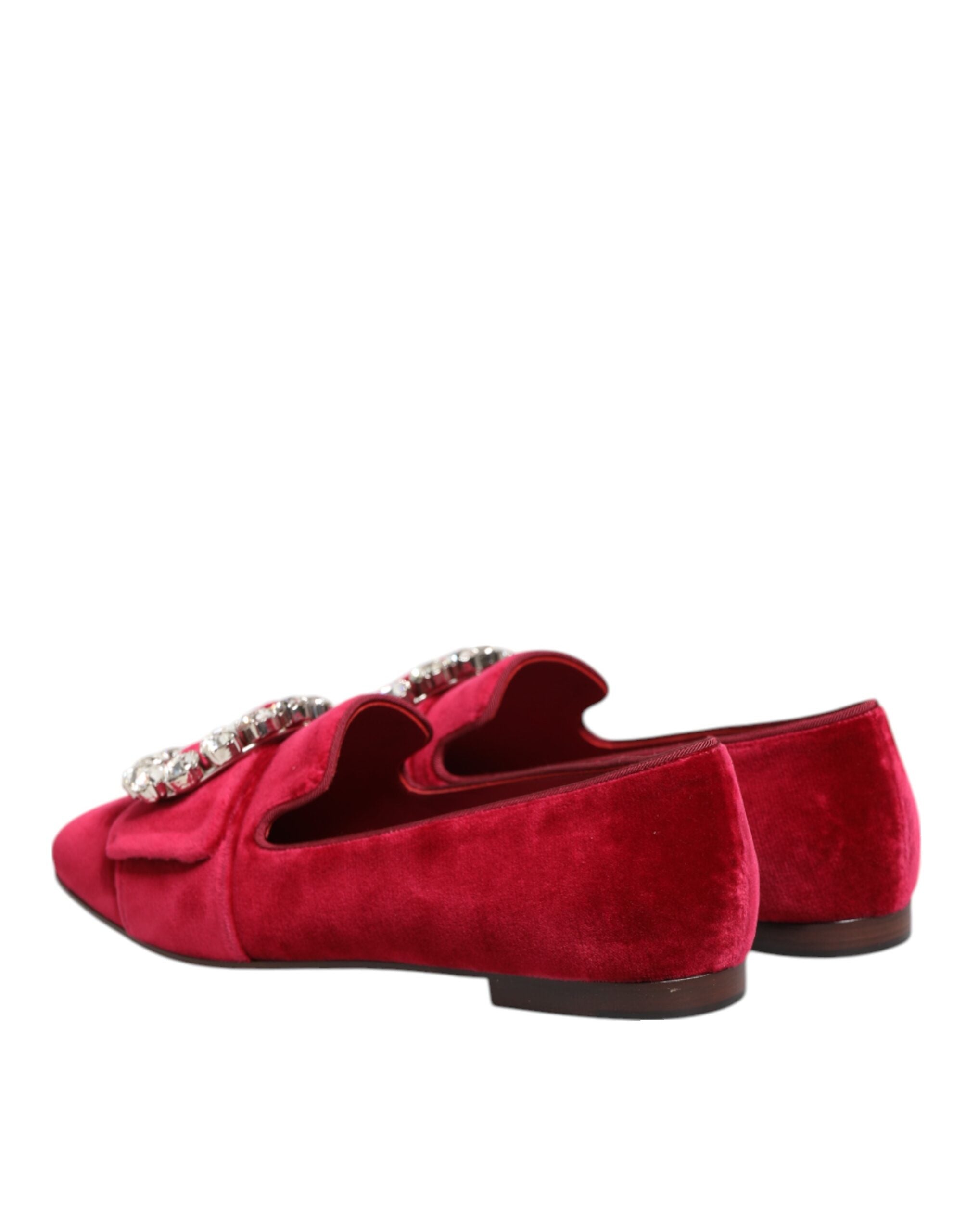 Dolce & Gabbana Red Velvet Crystal Buckle Loafers Flats Shoes