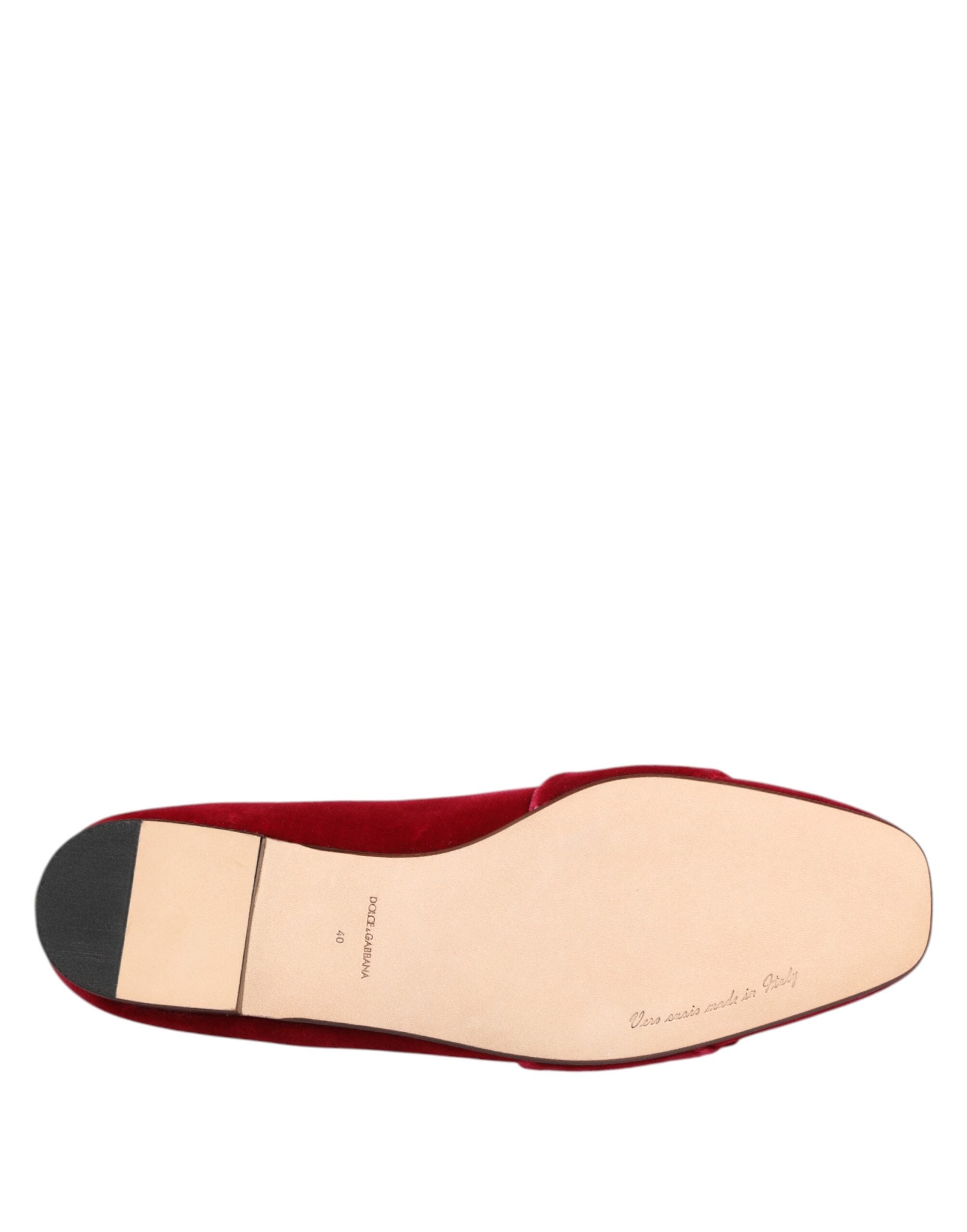 Dolce & Gabbana Red Velvet Crystal Buckle Loafers Flats Shoes