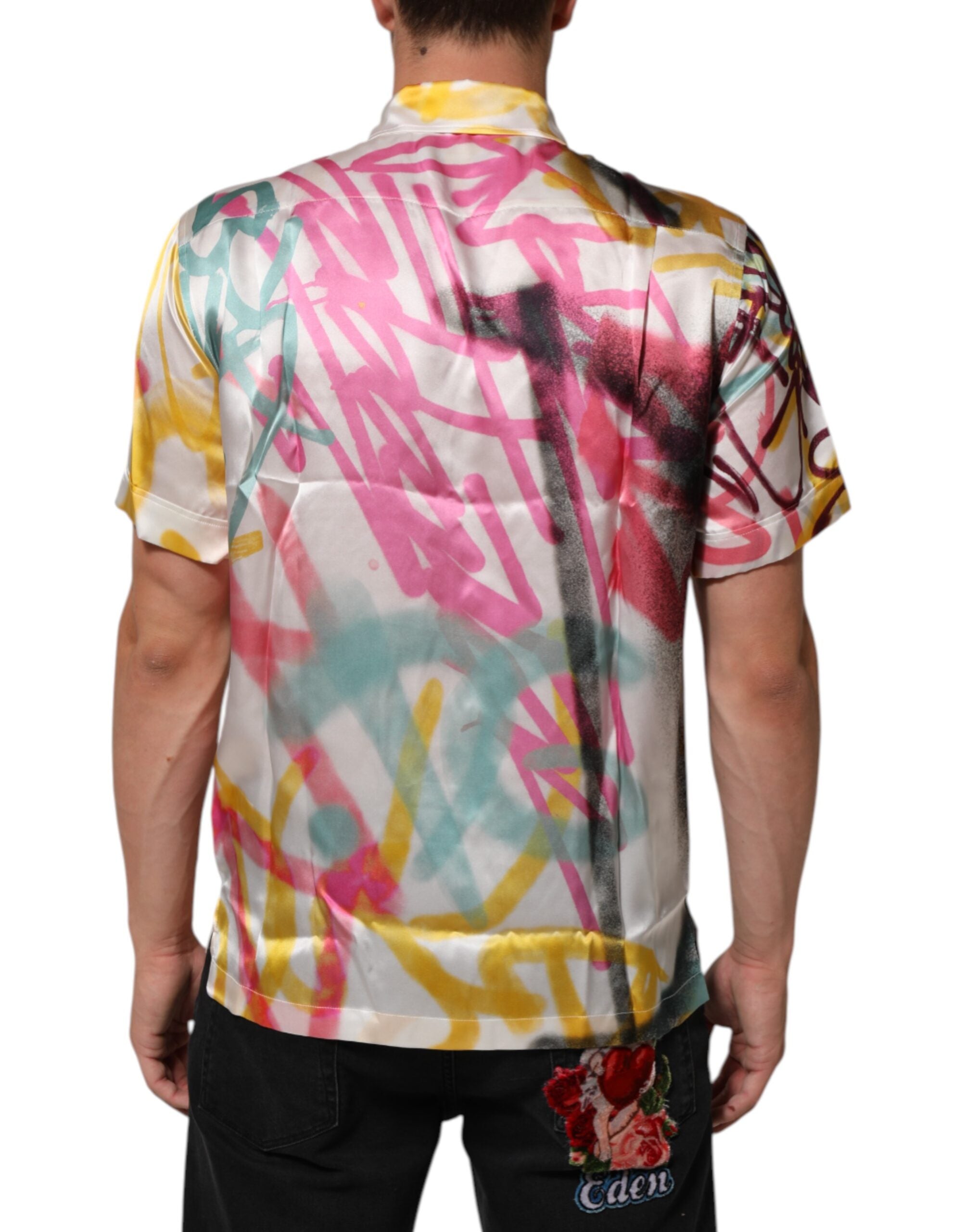 Dolce & Gabbana White Silk Hawaiian Graffiti Print Men Casual Shirt