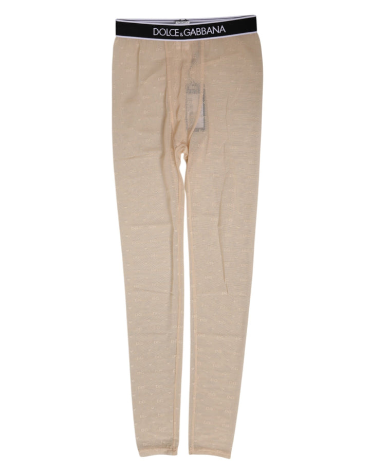 Dolce & Gabbana Beige Nylon Logo Lace Leggings Pants Underwear