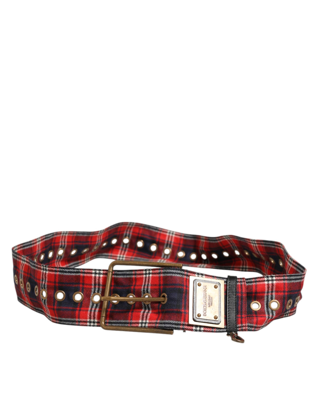 Dolce & Gabbana Red Plaid Fabric Logo Plate Brass Buckle Belt