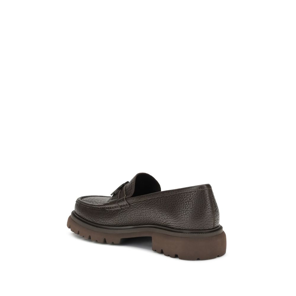 Ferragamo Brown Calf Leather Bos Taurus Slip-On Loafers