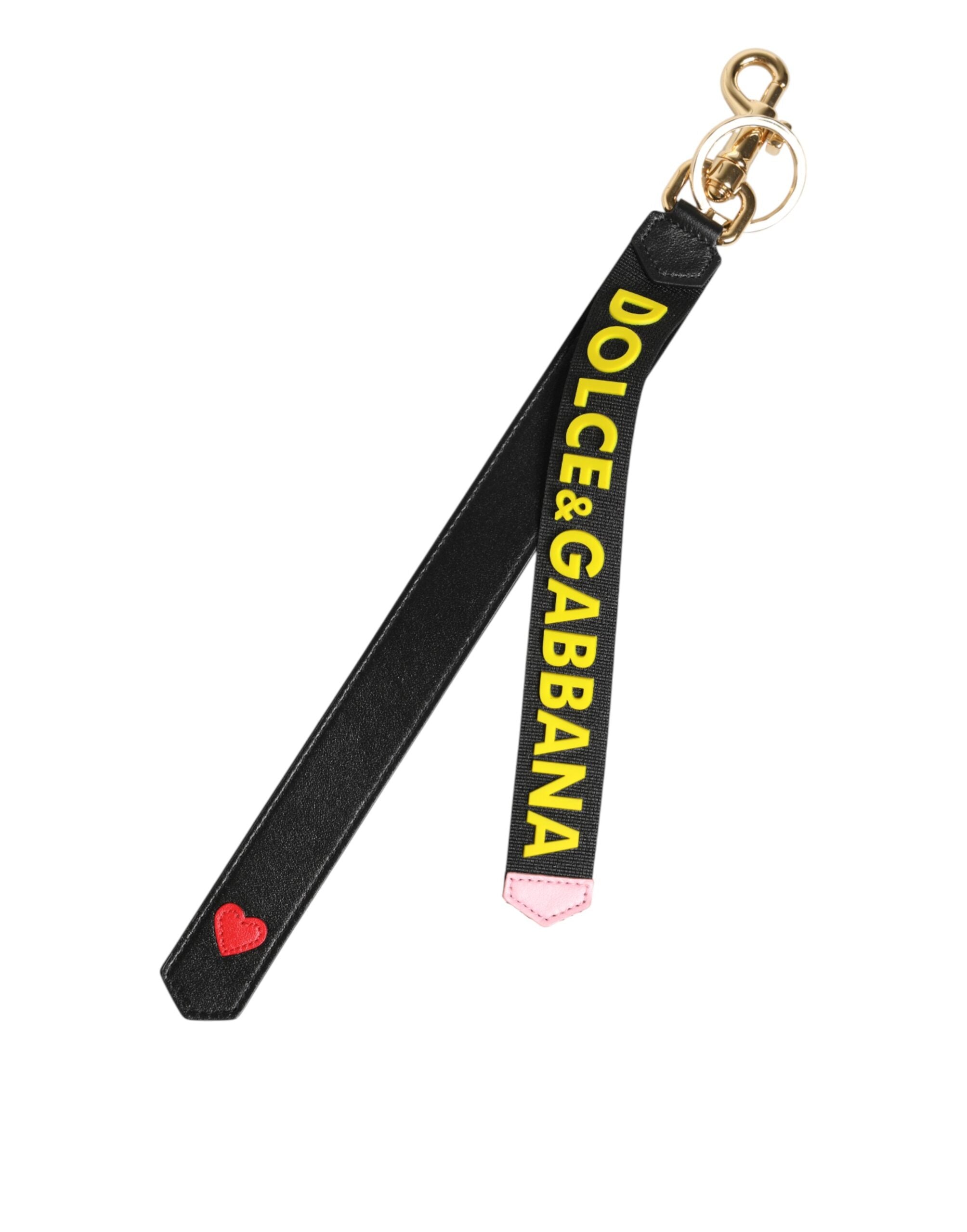 Dolce & Gabbana Black Yellow Logo Letaher Brass Holder Keychain Keyring