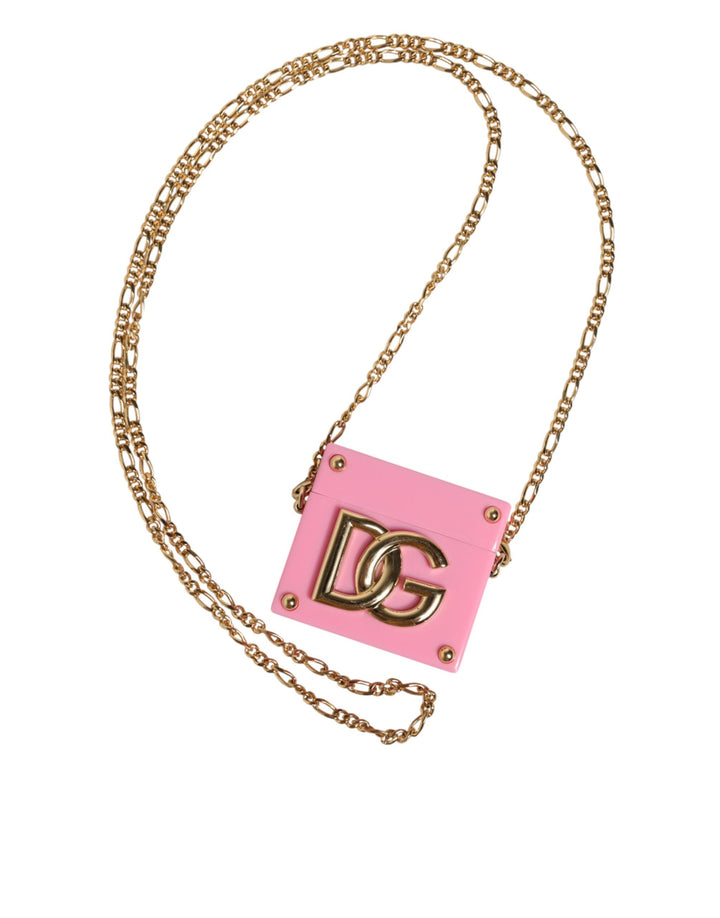 Dolce & Gabbana Pink DG Logo Plaque Cover Gold Chain Airpods Case