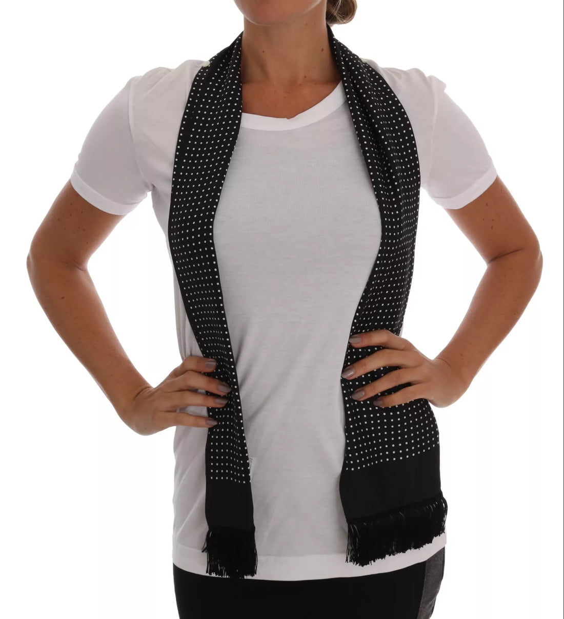 Dolce & Gabbana White Cotton Black Silk Scarf Top T-shirt