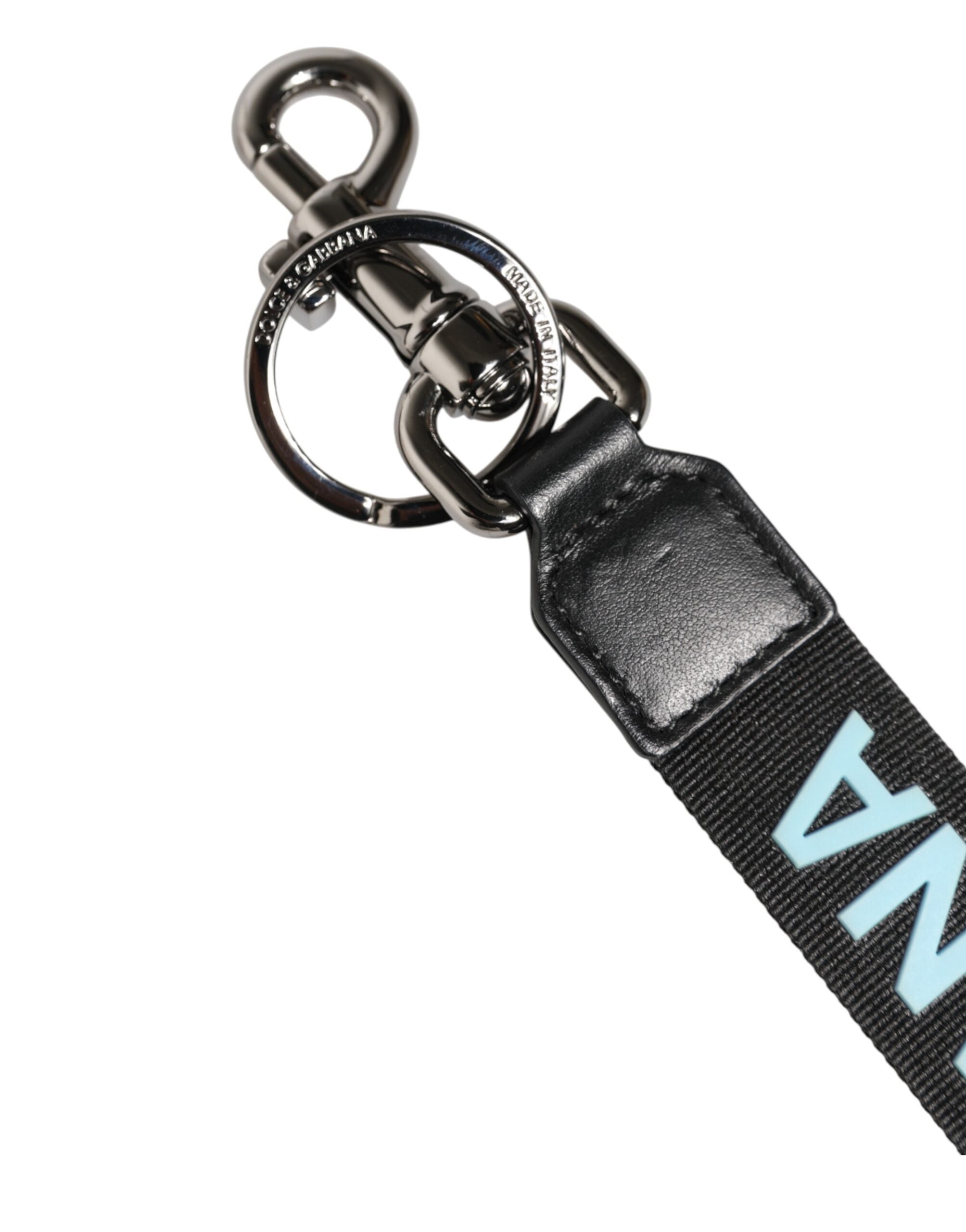 Dolce & Gabbana Black Blue Logo Polyester Brass Holder Keychain Keyring