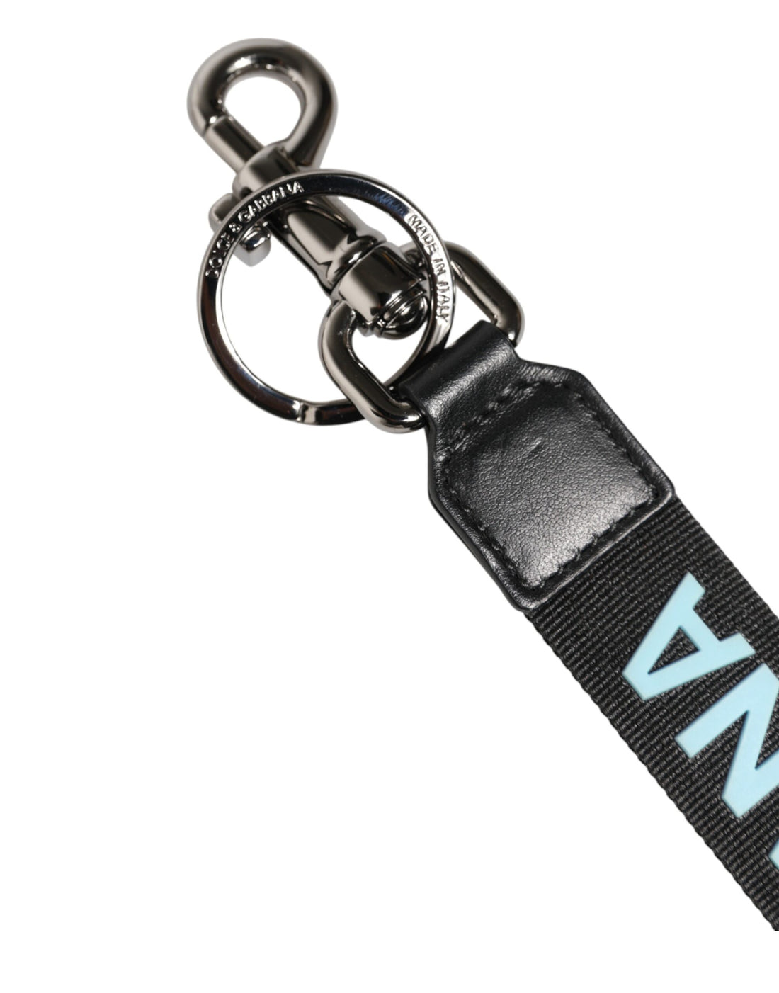 Dolce & Gabbana Black Blue Logo Polyester Brass Holder Keychain Keyring