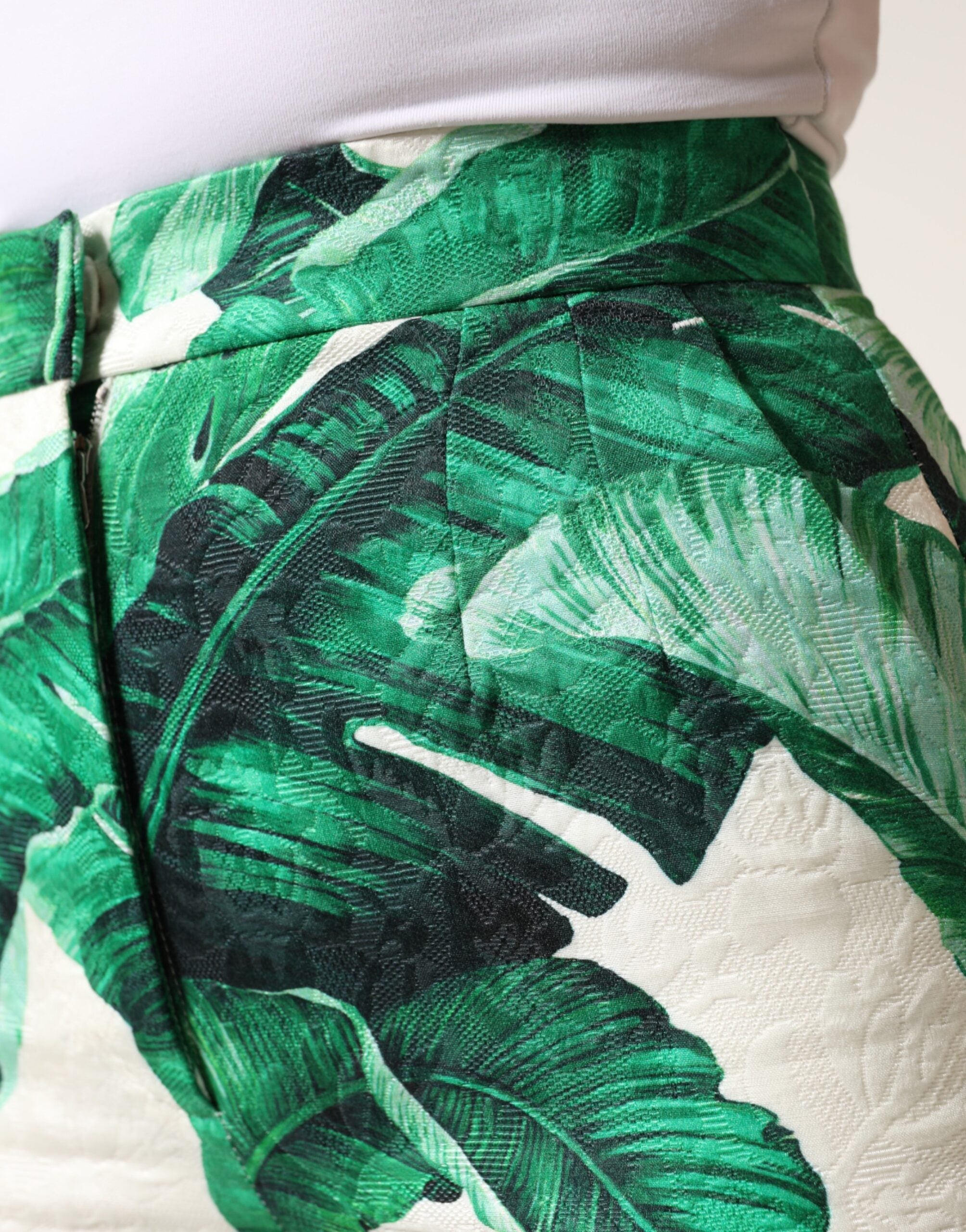 Dolce & Gabbana White Green Leaf High Waist Trousers Pants