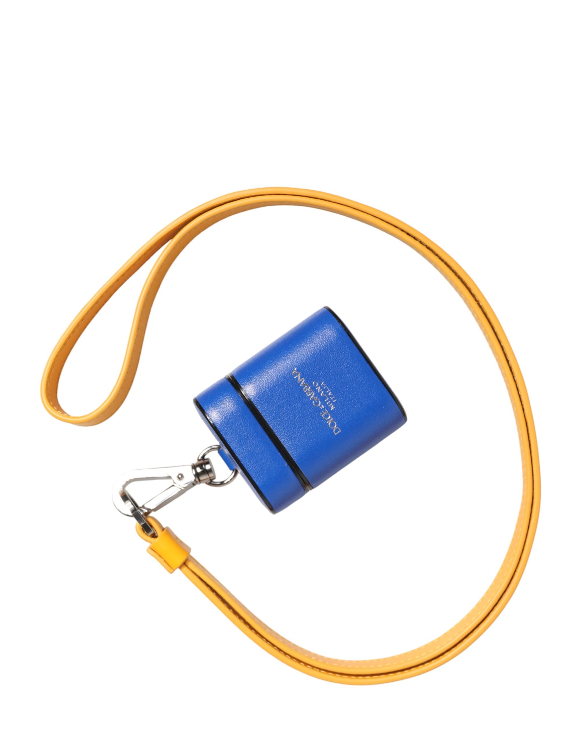 Dolce & Gabbana Blue Yellow Calfskin Leather Logo Strap Men Airpods Case