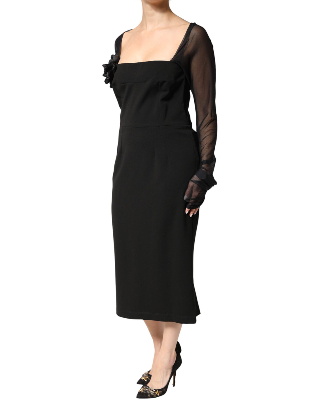 Dolce & Gabbana Black Sheer Yoke Rosette Sheath Midi Dress