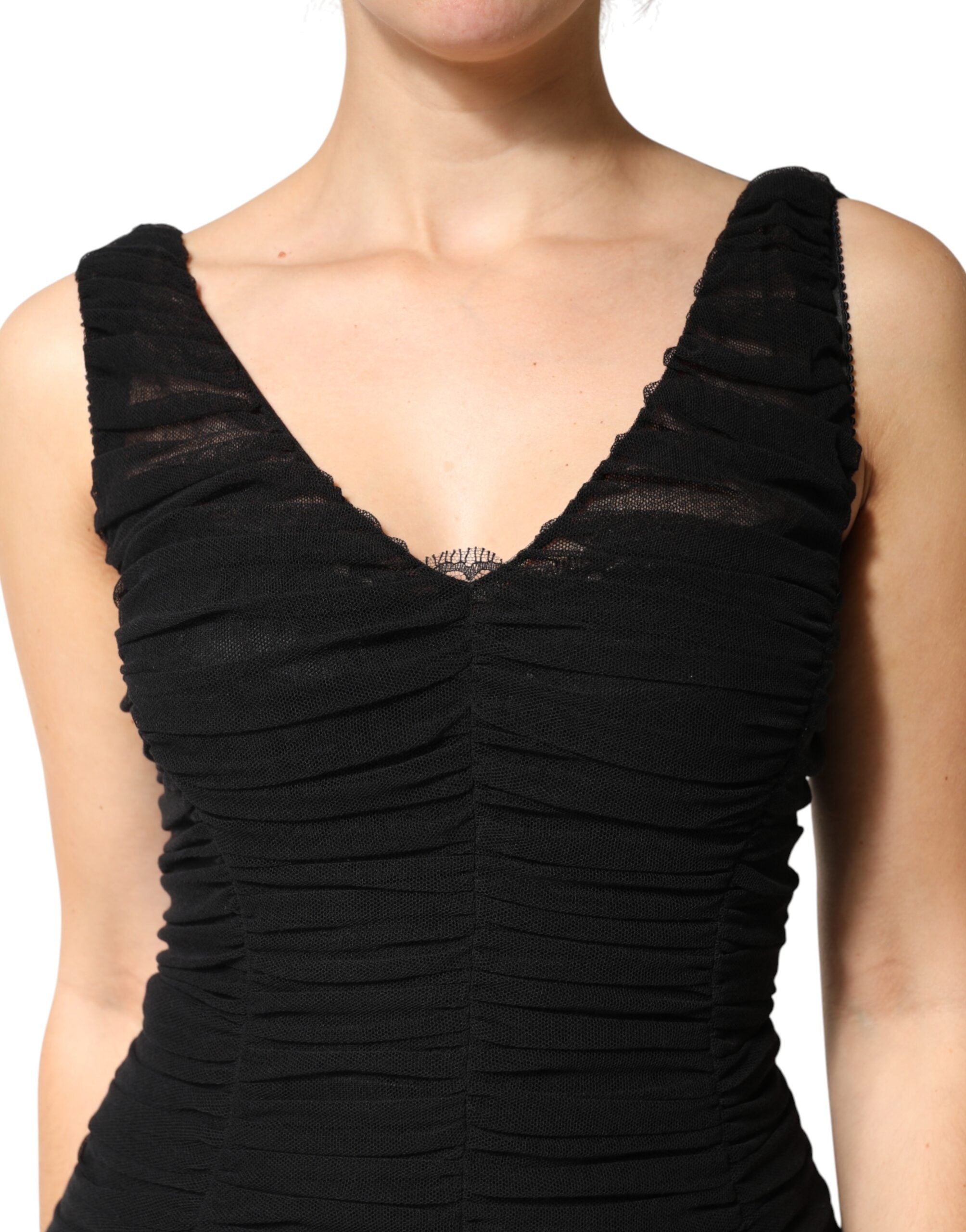 Dolce & Gabbana Black V-Neck Ruched Lace Hem Midi Dress