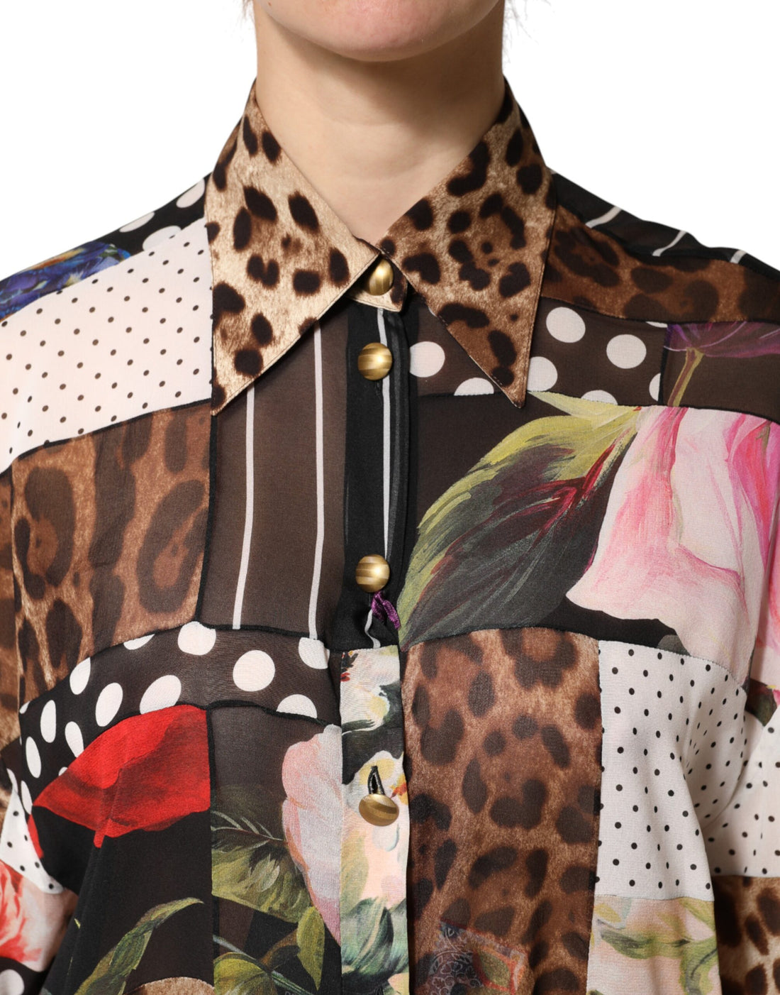 Dolce & Gabbana Multicolor Patchwork Silk CollaredBlouse Top