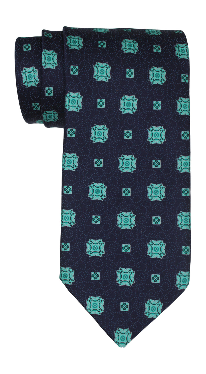 Italo Ferretti Satin Navy Aqua Medallion Tie