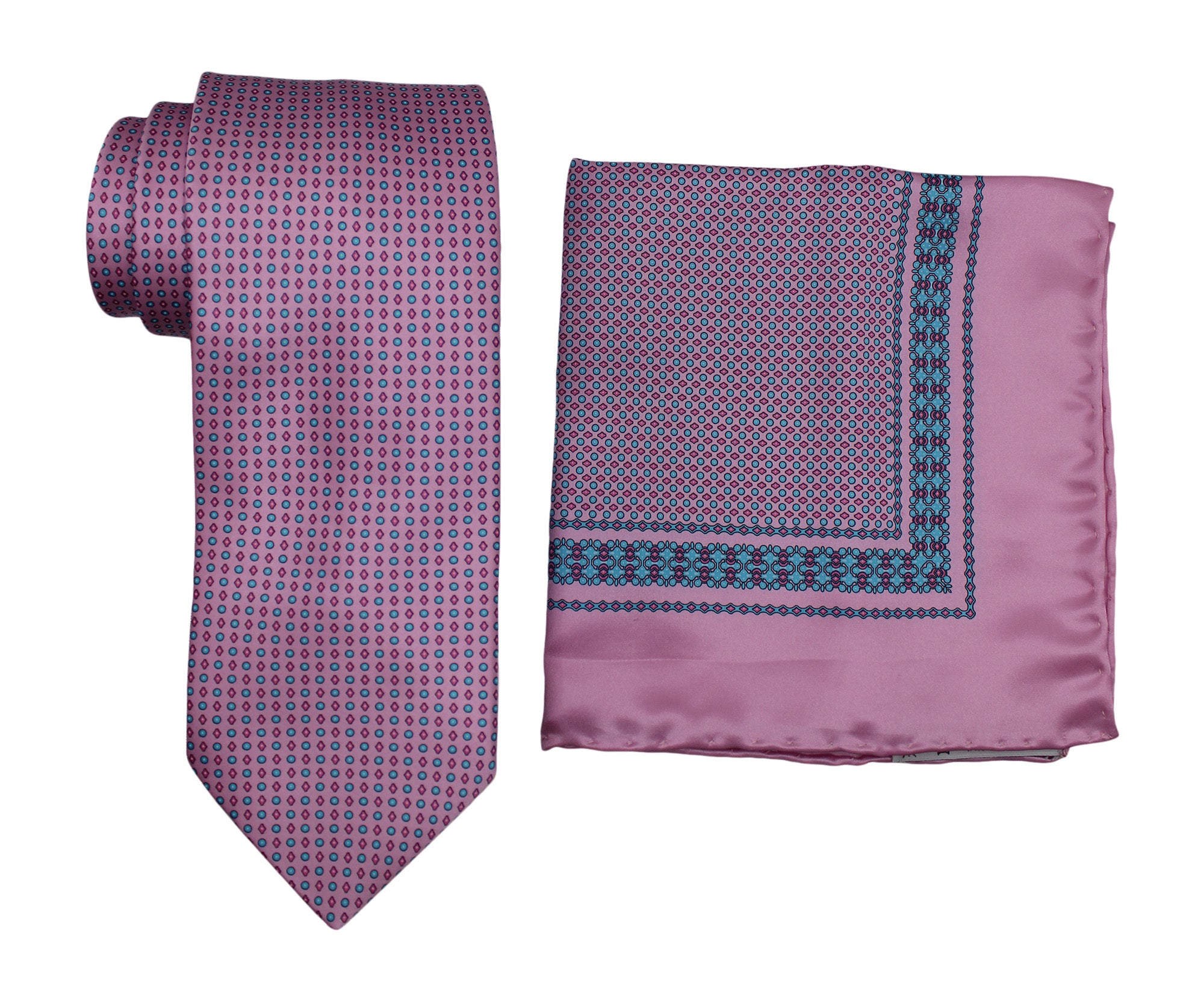 Italo Ferretti Satin Pink Geometric Tie and Pocket Square Set