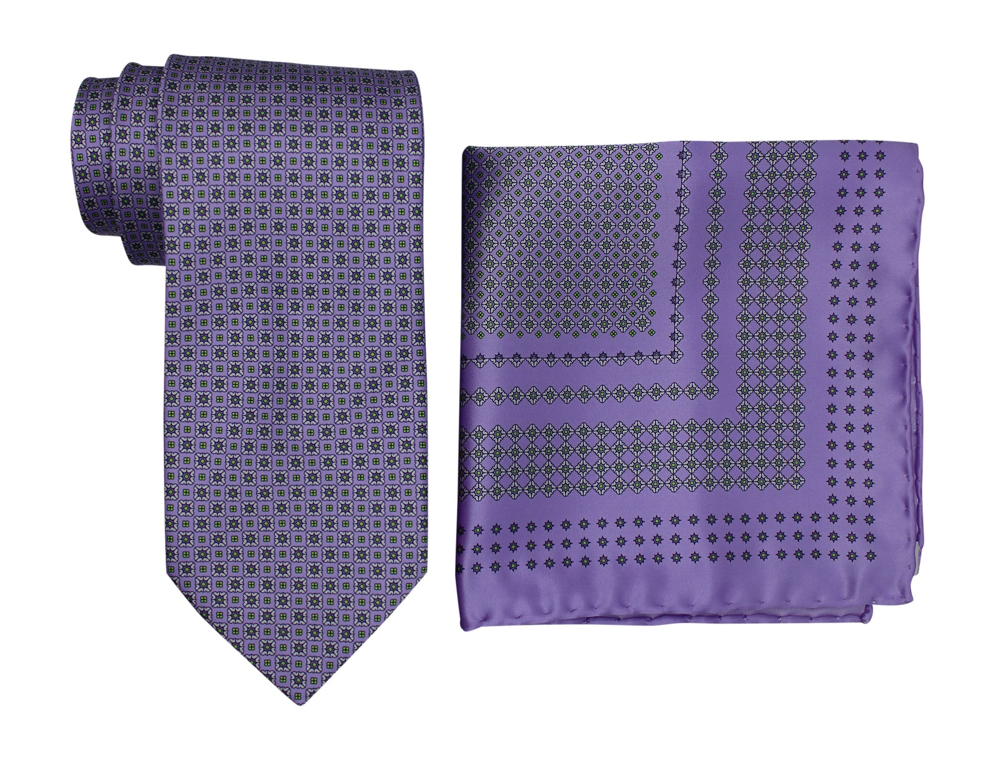 Italo Ferretti Satin Lavender Geometric Tie and Pocket Square Set