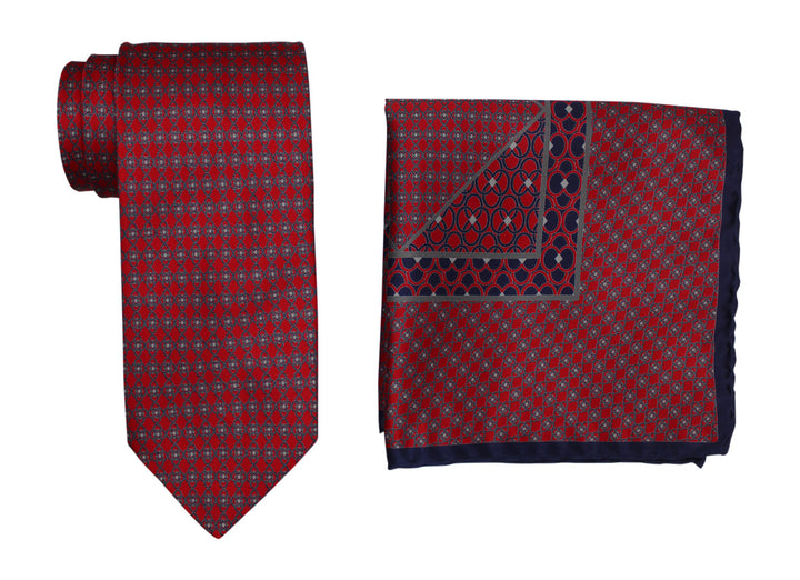 Italo Ferretti Satin Blue Geometric Tie and Pocket Square Set