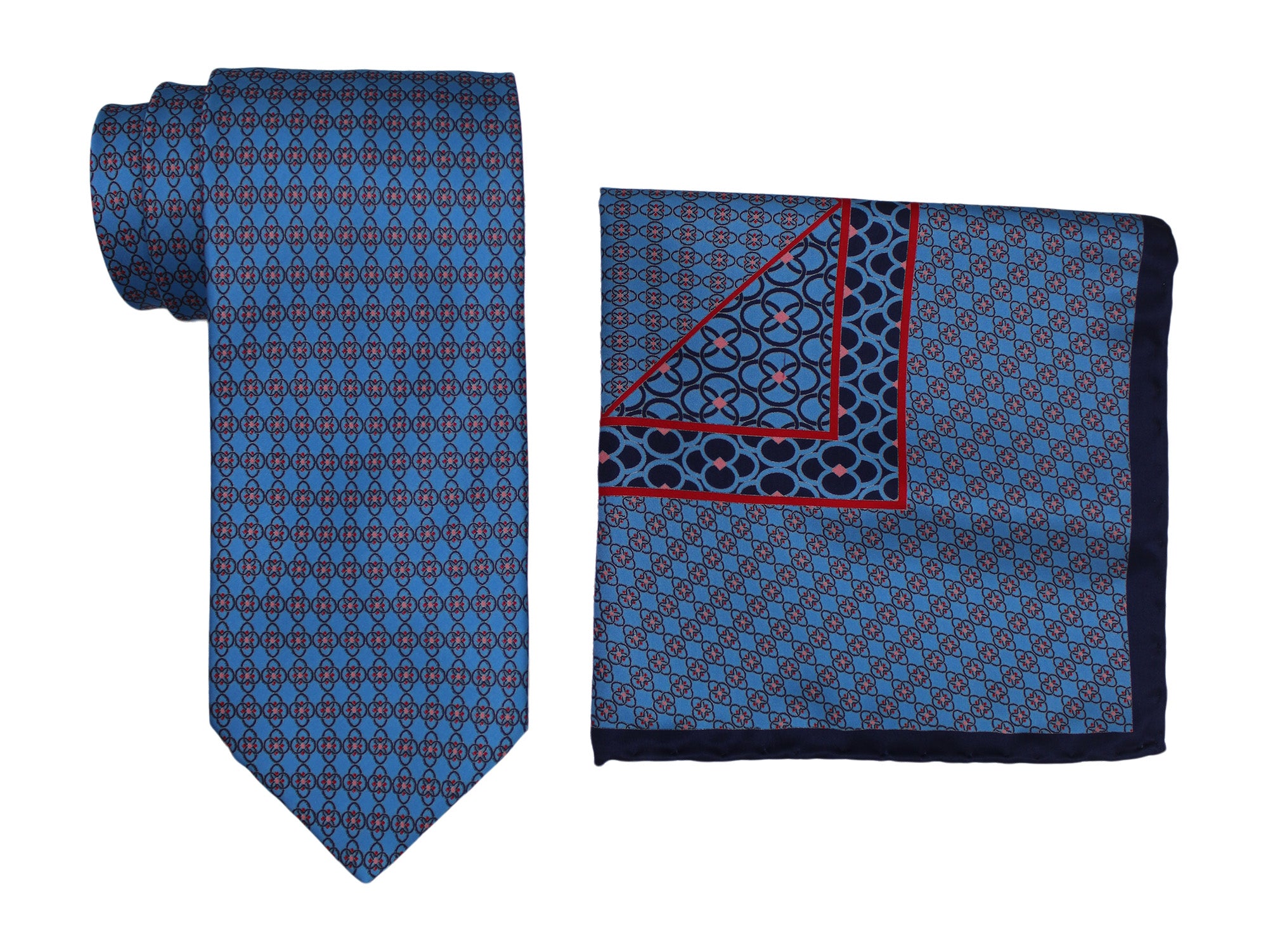 Italo Ferretti Satin Blue Geometric Tie and Pocket Square Set