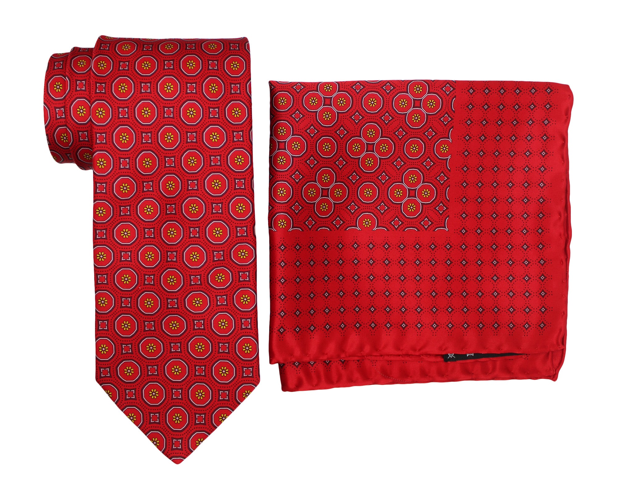 Italo Ferretti Satin Red Medallion Tie and Pocket Square Set