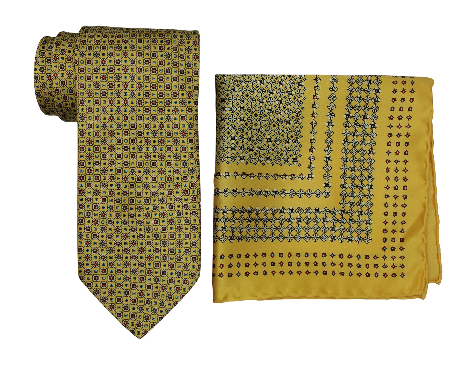 Italo Ferretti Satin Yellow Geometric Tie and Pocket Square Set