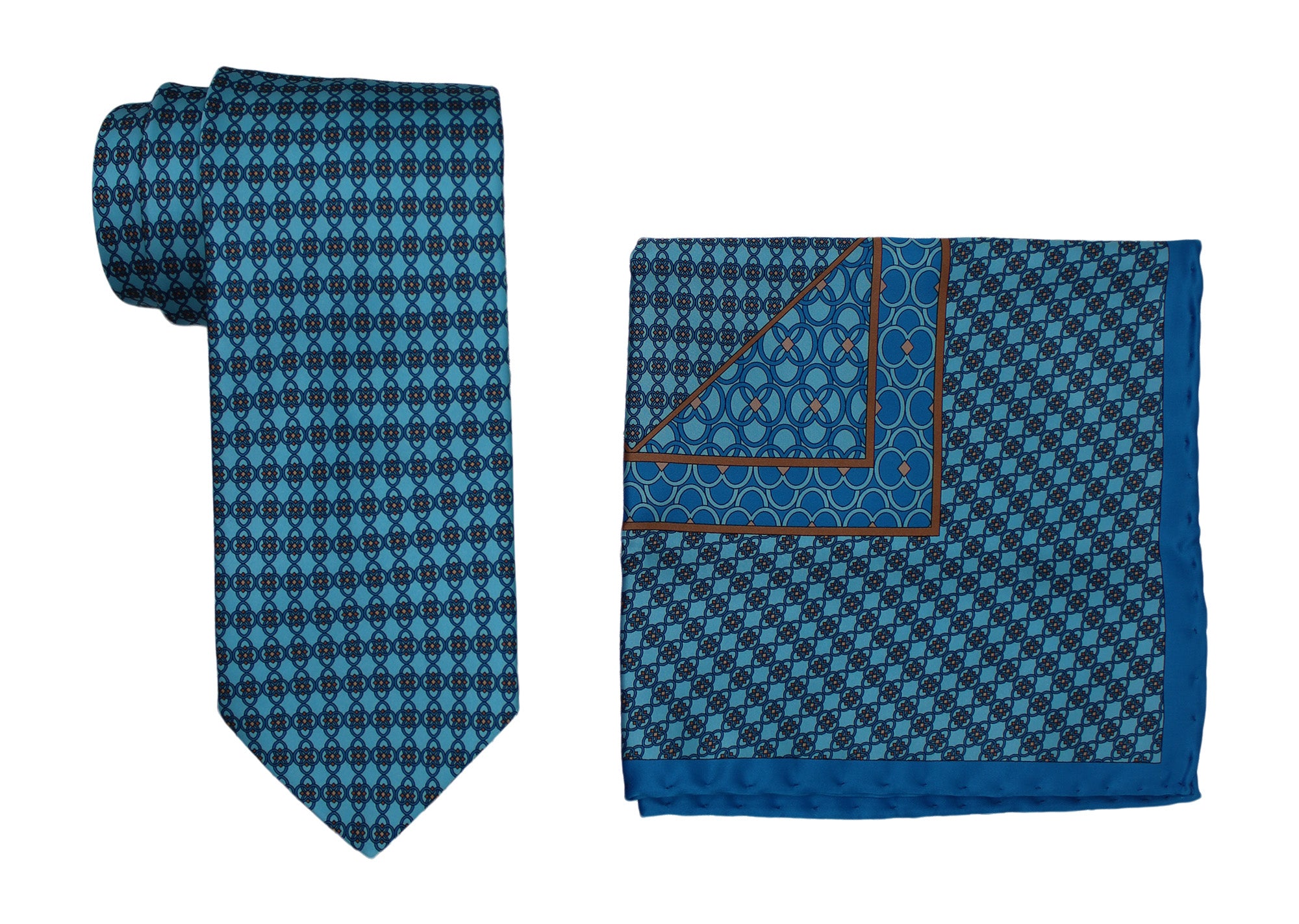 Italo Ferretti Satin Blue Geometric Tie and Pocket Square Set