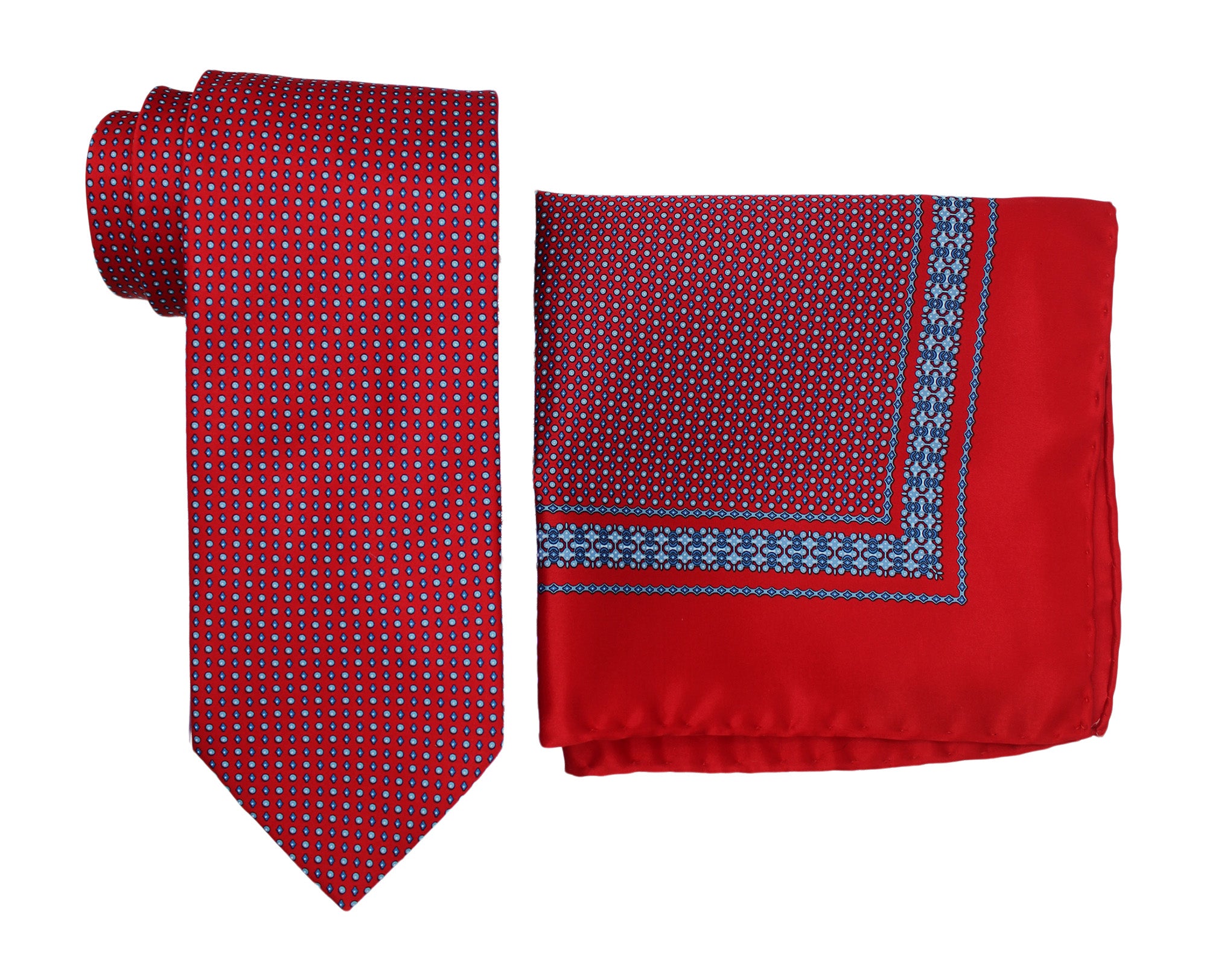 Italo Ferretti Satin Red Geometric Tie and Pocket Square Set