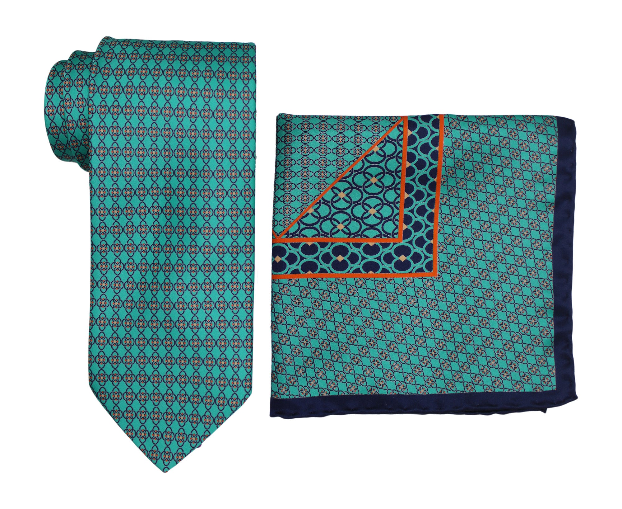 Italo Ferretti Satin Aqua Geometric Tie and Pocket Square Set