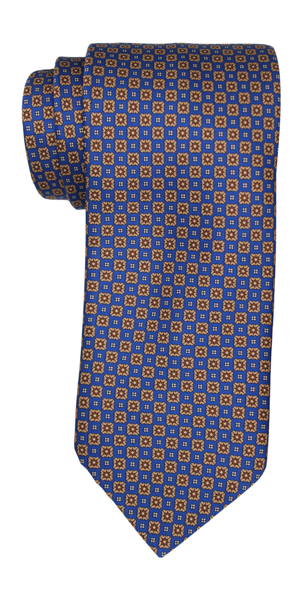 Italo Ferretti Satin Blue Brown Geometric Tie and Pocket Square Set