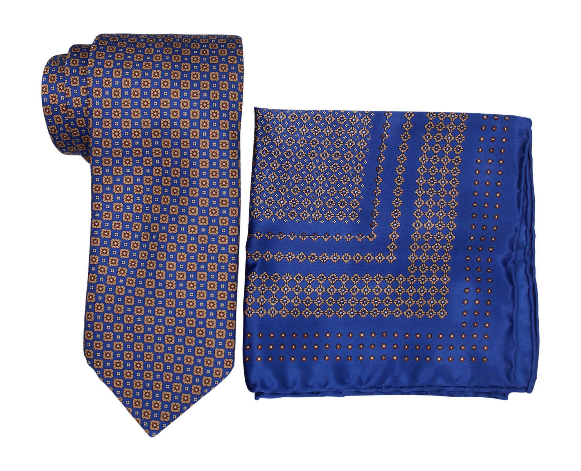 Italo Ferretti Satin Blue Brown Geometric Tie and Pocket Square Set