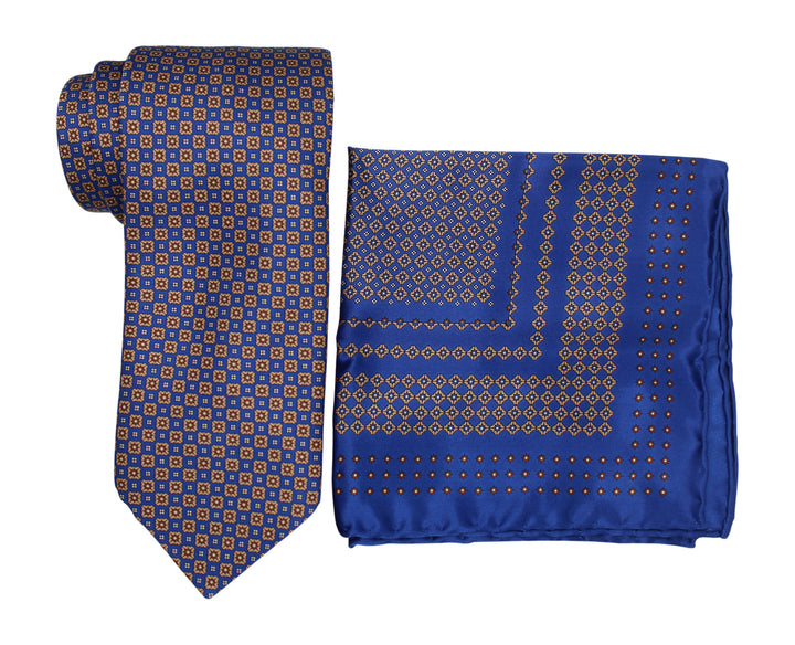 Italo Ferretti Satin Blue Brown Geometric Tie and Pocket Square Set