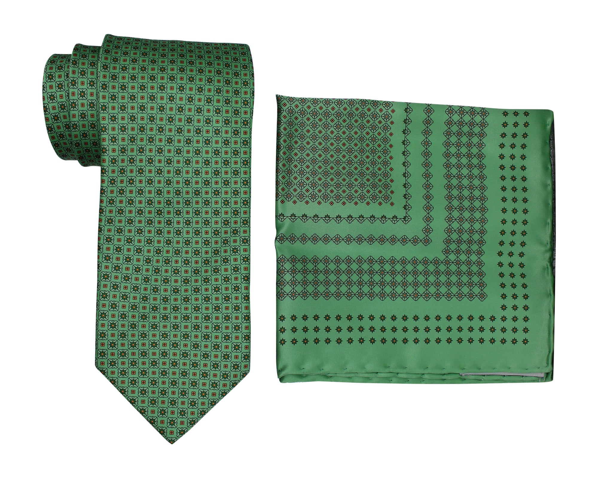 Italo Ferretti Satin Green Geometric Tie and Pocket Square Set