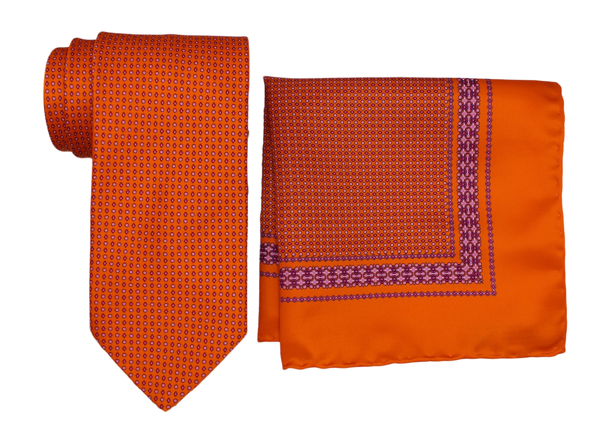 Italo Ferretti Satin Orange Geometric Tie and Pocket Square Set