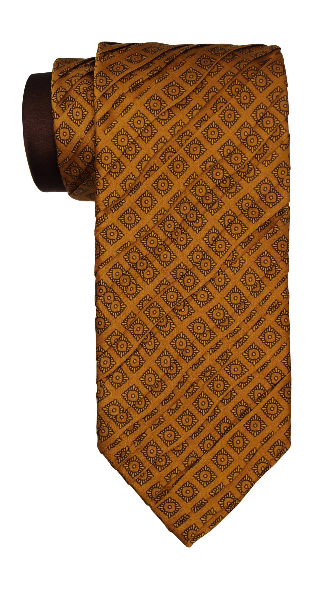 Italo Ferretti Satin Brown Gold Two Toned Medallion Pleated Tie
